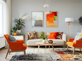 A bright and modern living room with grey walls, white sideboard furniture, orange chairs, colorful pillows on the sofa, a wooden coffee table, carpet, and paintings hanging on the wall