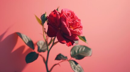 A vibrant red rose blooms against a soft pink backdrop