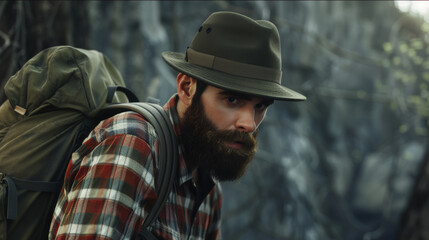 Determined hiker with a beard in a forest, embracing the wild.