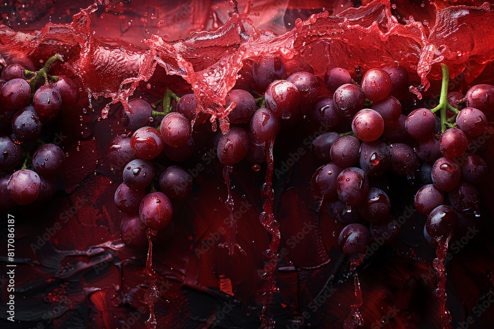 Aufkleber ripe red grapes arranged on a vibrant red background, creating a striking contrast in color