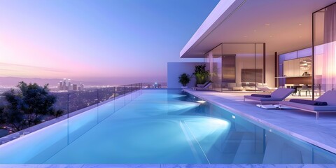 Chic Los Angeles penthouse pool with midcentury modern design and city views. Concept Luxury...
