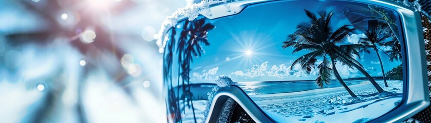 Frosted ski goggles with a reflection of a sunny beach and palm trees The cold, snowy exterior contrasts with the warm, tropical paradise in the reflection