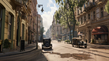 Naklejka premium Serene city street with tram, capturing a tranquil early-era vibe.