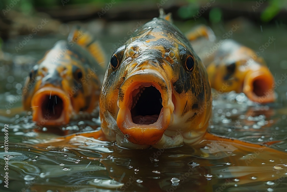 Sticker Carp fish feeding on the surface of a pond, capturing natural behavior. 