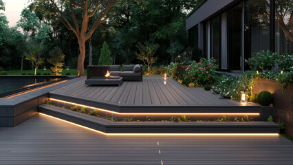 Serene evening on a stylish deck with subtle LED lighting.