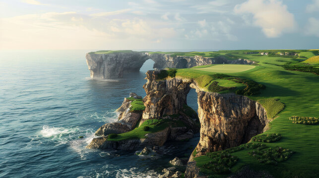 Idyllic golf course cliff-edge, creating a serene marriage of land and sea.