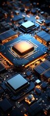Fototapeta premium Quantum chip cooling system, top view, maintaining efficiency, electric blue and silver, futuristic tone, Complementary Color Scheme