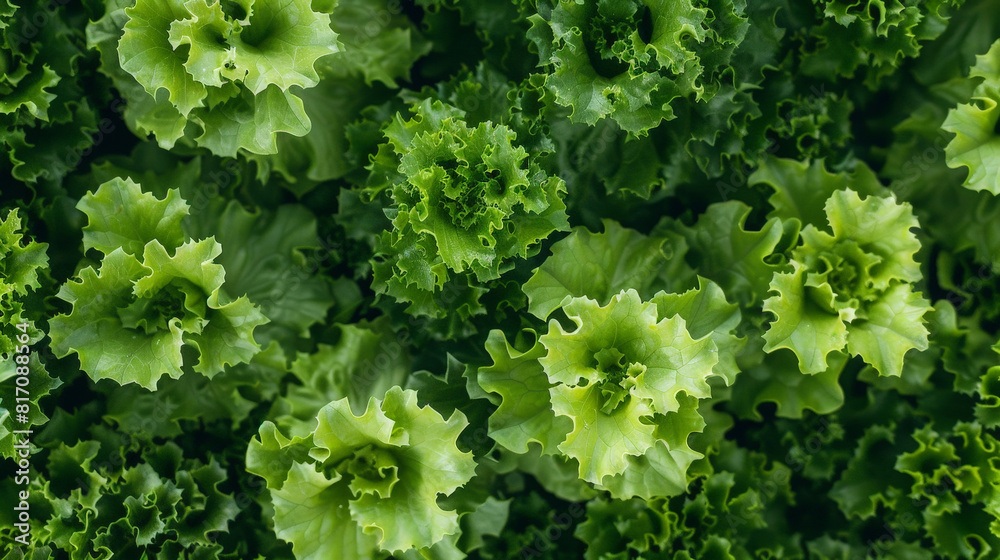 Poster bunch of vibrant green lettuce leaves tightly clustered together. the crisp texture and bright color