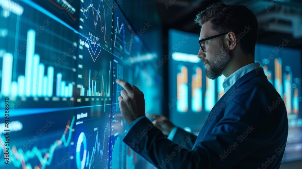 Poster financial planner explaining a growth graph to clients during a meeting, using a large screen.