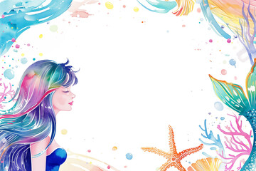 Fototapeta premium Colorful frame with mermaid and ocean elements