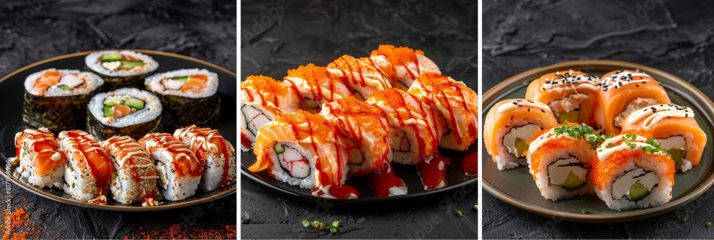 Poster collage with plates of sushi, each containing various types of fresh sushi rolls, served on a sleek 