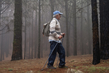 Active old senior man with backpack walking in mountain forest on a foggy day with the help of poles enjoying nature, freedom and free time. Forest background with bare trees