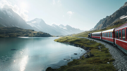 A scenic journey alongside a calm lake with majestic mountains reflecting in the blue waters.