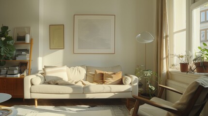 A bright Scandinavian-style living room features a beige sofa, wooden furniture, houseplants, and sunlight streaming through large windows.