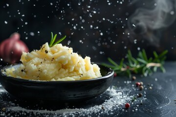 Soft and fluffy serving of mashed potatoes with freshly-cracked black pepper and chives