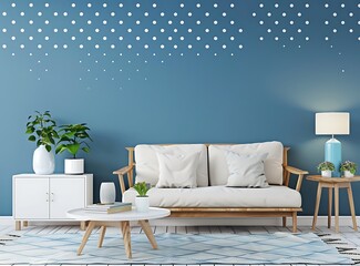 Blue and white living room interior with a wooden armchair, sofa, coffee table and cabinet near a blue wall with dots