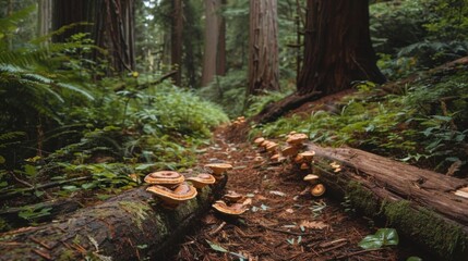Obraz premium Forest trail with fallen logs and mushrooms, capturing the essence of a peaceful woodland hike.