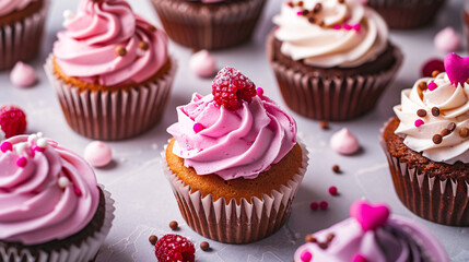  Colorful cupcakes with icing. Assorted cupcakes decorated with vibrant icing and toppings, presented on a light background for a festive look.