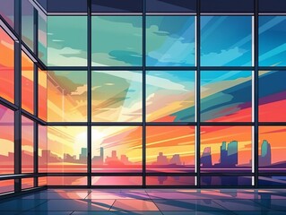 Smart glass window panorama flat design side view intelligent building theme cartoon drawing Triadic Color Scheme