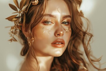 Obraz premium Ethereal Aphrodite-Inspired Goddess with Golden Makeup and Laurel Crown
