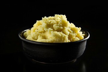 Soft fluffy bowl of creamy mashed potatoes topped with melted butter and fragrant herbs