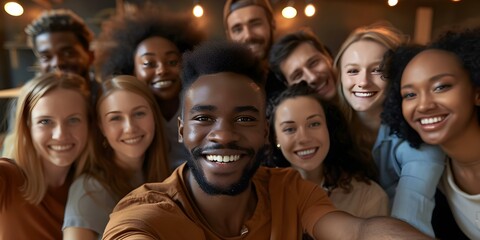 Diverse group of happy people taking a selfie in an office setting. Concept Office Celebrations, Team Selfie, Workplace Diversity, Employee Engagement, Group Photo