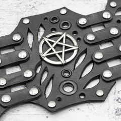 Steampunk leather bracelet with Pentagram. Wrist bracelet with mechanisms, rings, gears and other...