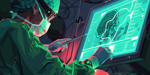 A cyberpunk surgeon performs delicate procedures on a patient, their hands guided by the glow of a computer monitor