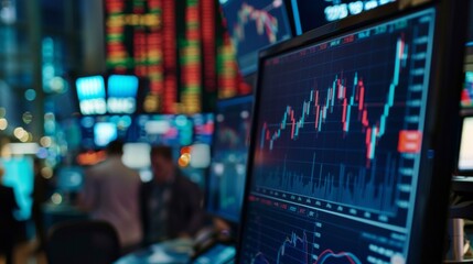 Graph showing stock market fluctuations on a dual-monitor setup, with a busy trading floor in the background.
