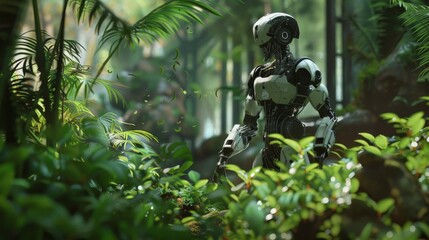 a humanoid robot exploring a lush, natural environment. The humanoid is interacting with plants and animals, showcasing its ability to adapt and thrive in diverse settings.