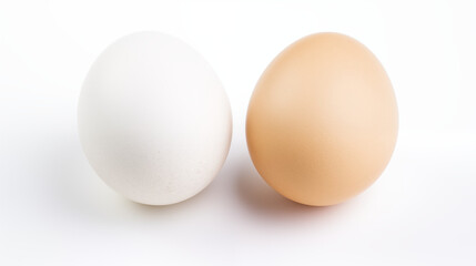 two chicken eggs one white and one light brown on white background