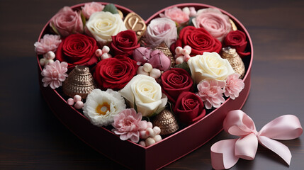 Luxury valentine chocolates in heart shaped gift box and tender flowers