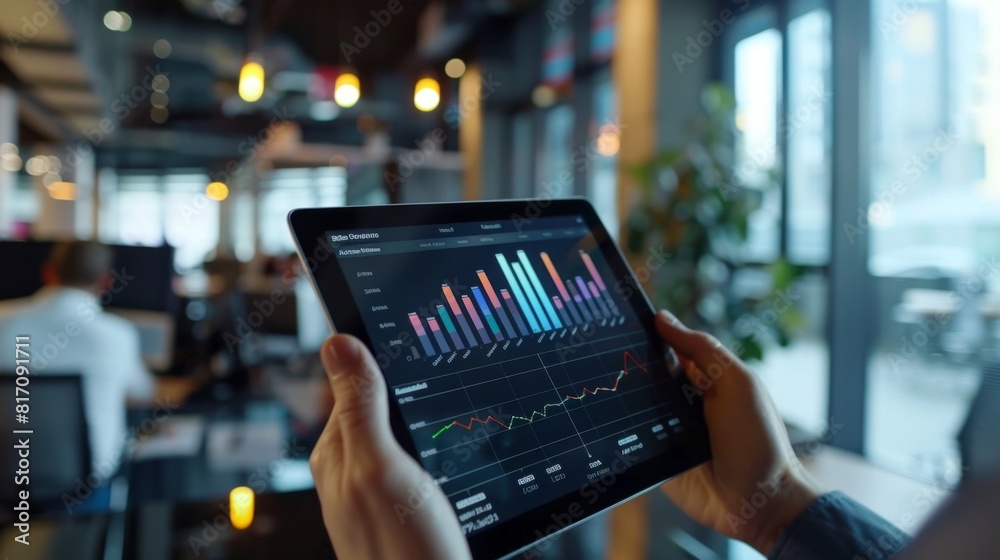 Aufkleber Hands holding a tablet displaying a real-time sales graph, with a busy office in the background.