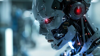 Fototapeta premium Photorealistic portrait of a humanoid robot with sleek metallic skin, glowing eyes, and intricate circuitry visible beneath transparent panels. The humanoid is standing in a futuristic laboratory,