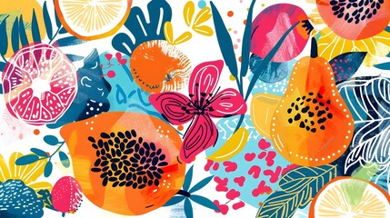 HandDrawn Artwork Vibrant Fruits Interwoven with Blooming Wildflowers and Abstract Shapes Generative ai