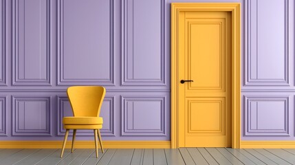 Yellow chair and door against purple wall in elegant interior design