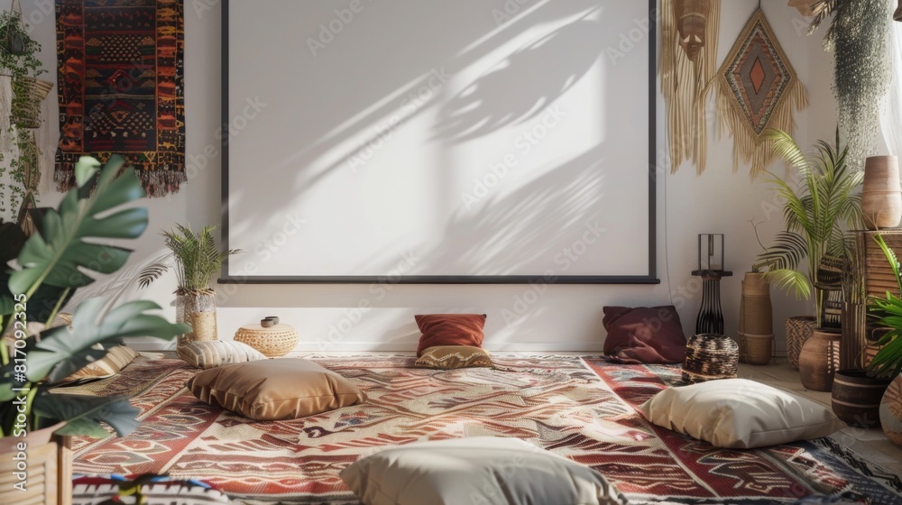 Poster A room featuring a projector screen and a colorful rug in a school or educational environment. The projector is ready for a presentation or lecture.