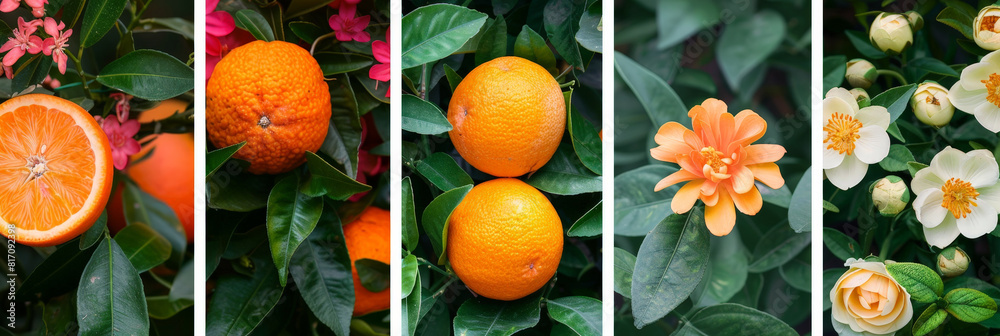 Poster A cluster of oranges and vibrant flowers intermingled on a tree branch, creating a colorful and lively display of natures bounty