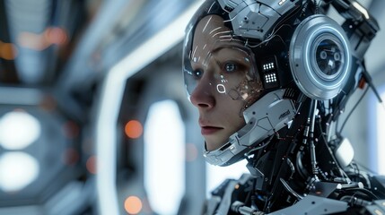 Fototapeta premium Photorealistic portrait of a humanoid robot with sleek metallic skin, glowing eyes, and intricate circuitry visible beneath transparent panels. The humanoid is standing in a futuristic laboratory