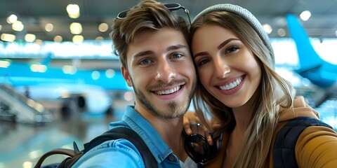 Young couple taking selfie at airport smiling and having fun on vacation. Concept Travel Photography, Couple Portraits, Airport Selfie, Vacation Memories, Happy Moments