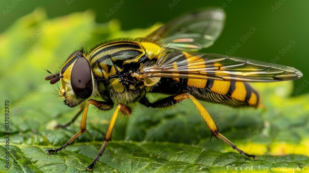 Poster Hoverfly resting on a leaf, with its distinctive hovering behavior captured in a moment of stillness.