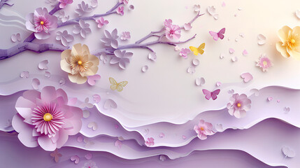 An enchanting digital illustration featuring delicate butterflies fluttering among pastel-colored flowers in shades of purple, pink, and peach. Spring background concepts.