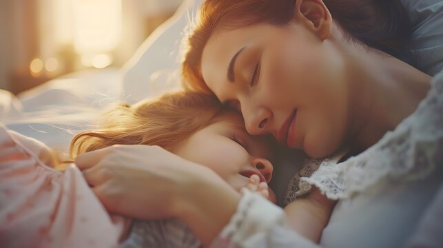 mother wakes up sleeping child daughter girl in the morning