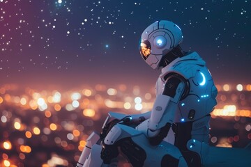 Naklejka premium Artificial Astronomer: Android Lost in Night's Embrace