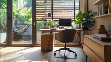 Fototapeta premium Interior of a minimalist home office with a simple desk, ergonomic chair, and ample natural light.