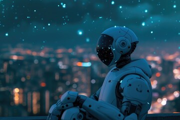 Fototapeta premium Nightwatch Nexus: Android Absorbed in Celestial Wonder