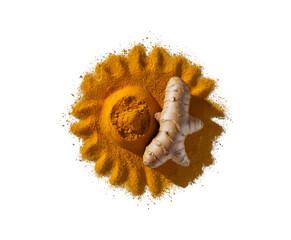 Naklejka premium Turmeric root and powder isolated on transparent background. (Curcuma longa Linn) rhizome (root) sliced with green leaves, Clean healthy eating concept Ai generative.