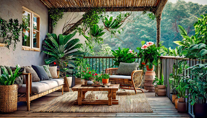 terraza con muebles de madera y muchas plantas