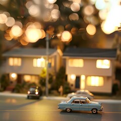 Fototapeta premium Close up of a duplex model, showing sidebyside living in miniature, the background a blurred, neighborly street, reflecting shared yet separate lives, sharpen with copy space