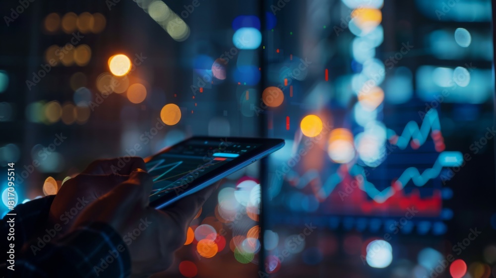 Aufkleber investor examining a stock performance graph on a tablet, with a city skyline visible through the wi